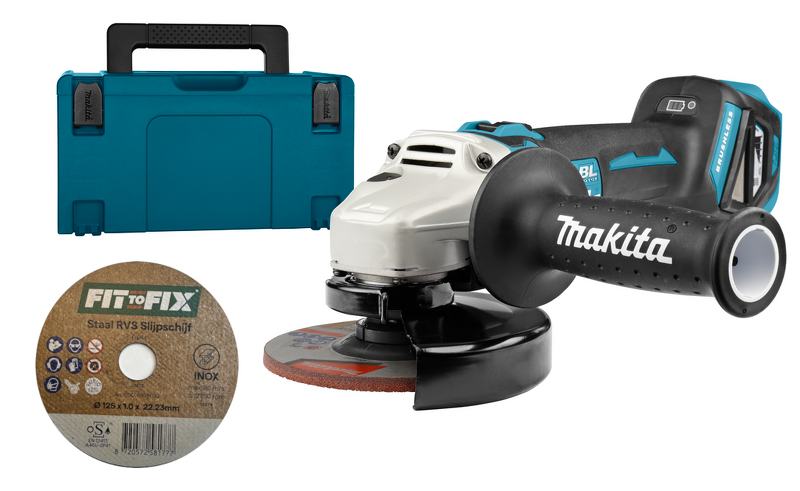 Makita DGA511ZJ 18V Li-Ion Accu Haakse Slijper Body In Mbox Incl. Fit-to-Fix Staal RVS Slijpschijf (10st) - Default image for the product