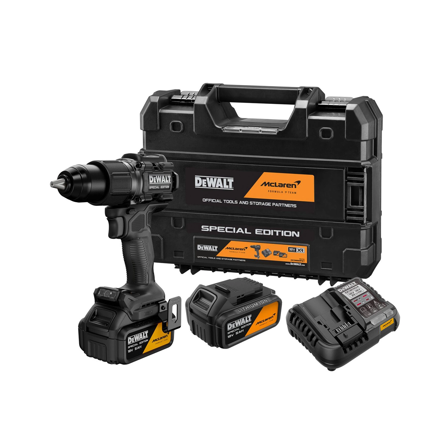 DeWALT X MCLAREN DCD86MP2T-QW 18V XR Accu Schroef-/klopboormachine Set (2x 5.0Ah Accu + Lader)