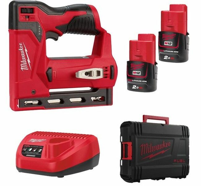 Milwaukee M12 BST-202X 12V Li-ion Tacker Set (2x 2.0Ah Accu) In HD Box - 6-14mm