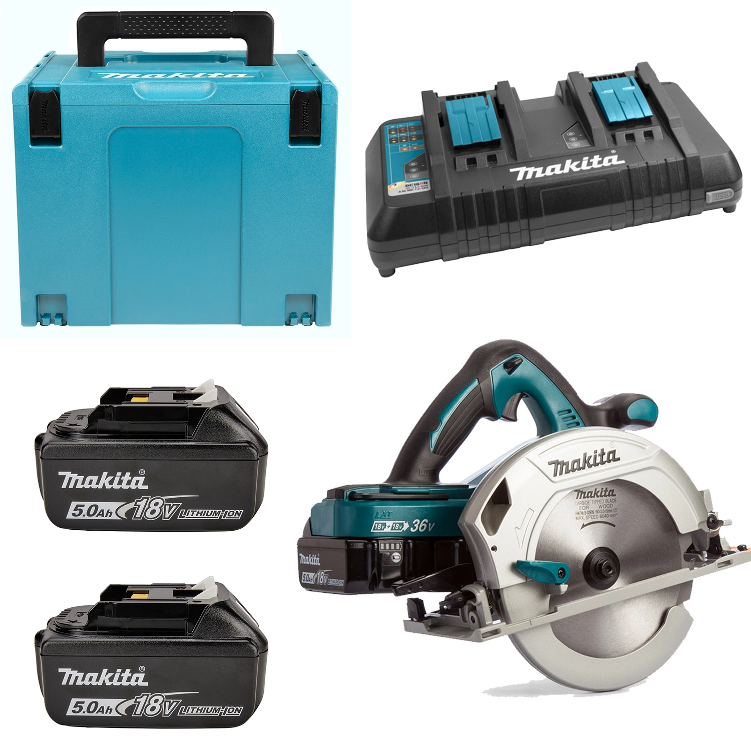 Makita DHS710RT2J 36V (2x 18V) Li-Ion Accu Cirkelzaag Set (2x 5.0Ah Accu) In Mbox - 190mm