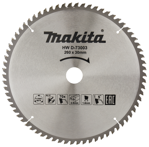 Makita D-73003 Afkortzaagblad - 260 X 30 X 70T - Aluminium EAN: 88381581813