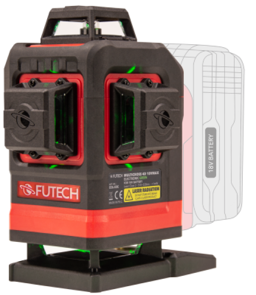 Futech Multicross 4D 18VMAX Electronic Kruislijnlaser Incl. Statief En Afstandsbediening - Groen - 4 Lijnen - IP54 - Detailed view of the product