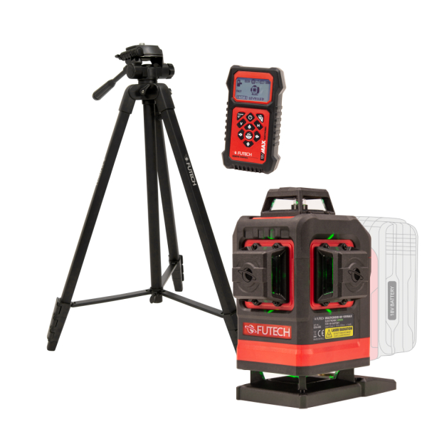Futech Multicross 4D 18VMAX Electronic Kruislijnlaser Incl. Statief En Afstandsbediening - Groen - 4 Lijnen - IP54 - Default image for the product