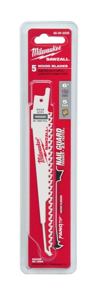 Milwaukee 48005035 Reciprozaagblad - 150 X 5TPI - Hout Met Spijkers (5st) - S611DF EAN: 45242082698