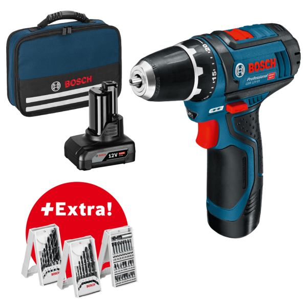 Bosch GSR 12V-15 12V Li-Ion Accu Boor-/schroefmachine Set (1x 4.0Ah + 1x 2.0Ah Accu) In Tas Incl. 39-delige Accessoireset - Detailed view of the product