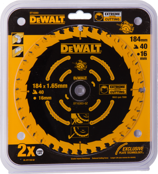 DeWALT DT10303 Extreme Cirkelzaagblad - 184 X 16 X 40T - Hout (Met Nagels) - Detailed view of the product