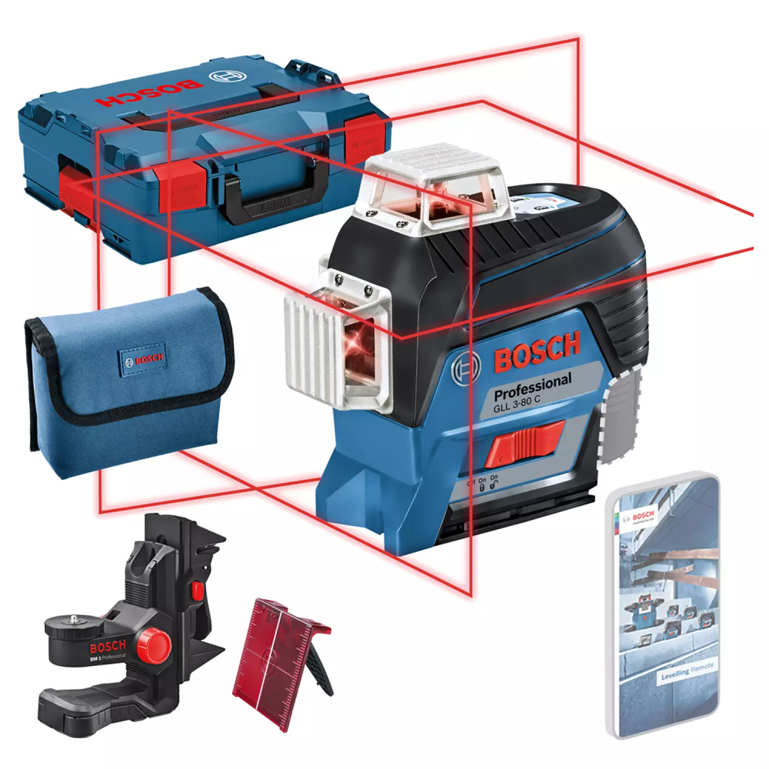 Bosch GLL 3-80 C SOLO 12V Li-Ion Accu Kruislijnlaser Body In L-Boxx - Rood - 30m
