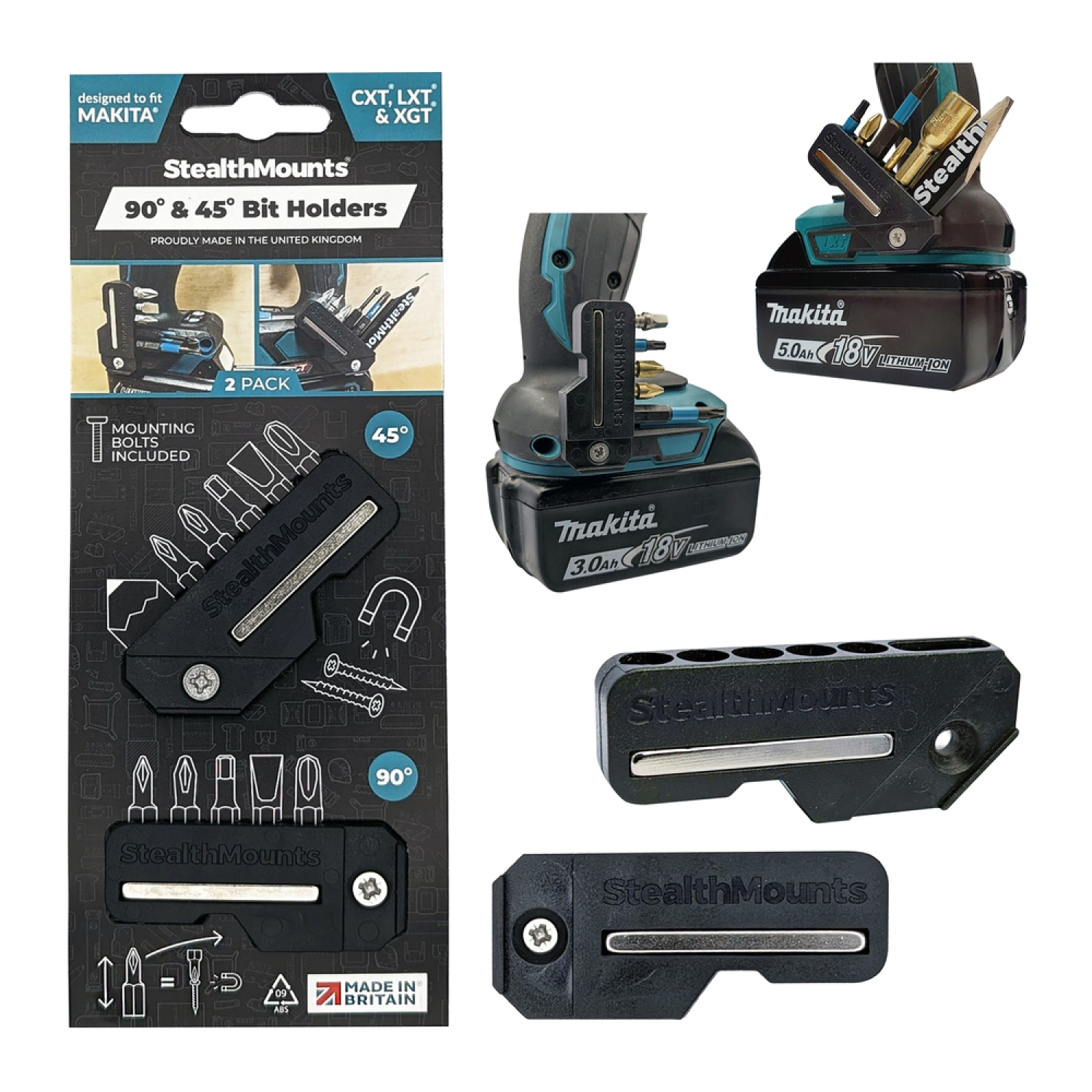 StealthMounts BH-MK-4590-BLK BLACK 45°&90° Magnetische Bithouder Voor Makita - Zwart - 2-pack
