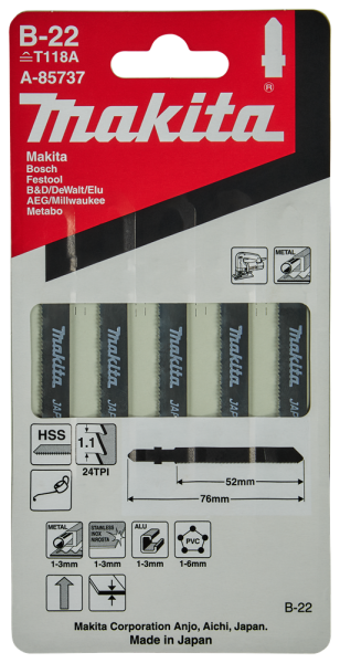 Makita A-85737 HSS Decoupeerzaagblad B22 - Metaal / Aluminium / RVS (5st) - Detailed view of the product