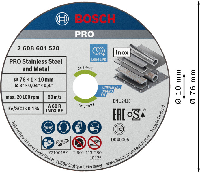 Bosch 2608601520 Expert Doorslijpschijf - 76 X 10 X 1mm - Inox 5 Stuks - Detailed view of the product