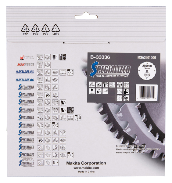 Makita B-33336 Cirkelzaagblad - TCT - 260x30mm 100T - Aluminium - Detailed view of the product