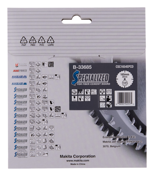 Makita B-33685 Cirkelzaagblad Specialized Sidings - 165mmx20x4T - Vezelcement - Detailed view of the product