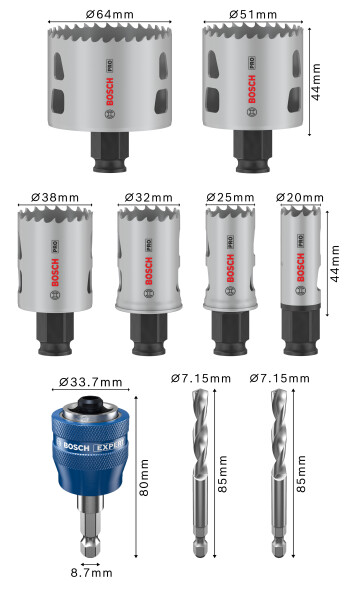 Bosch 2608594435 PRO 9-delige Multi Material PC Plus Gatzagenset - 20,25,32,38,51,64mm - Detailed view of the product