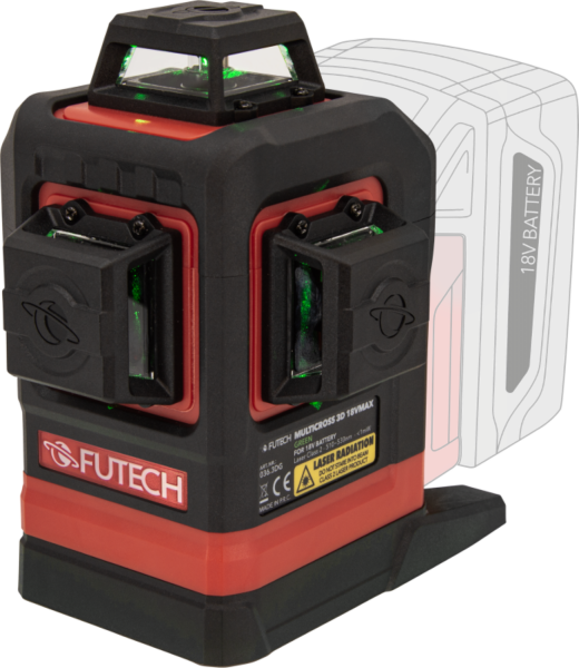 FUTECH Multicross 3D 18VMAX Kruislijnlaser Set Incl. Statief En 18V Batterij Adapter - Groen - 70m - 3 Lijnen - Detailed view of the product