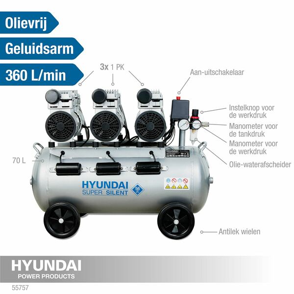 Hyundai 55757 Stille Compressor - 70L - 8bar - Detailed view of the product
