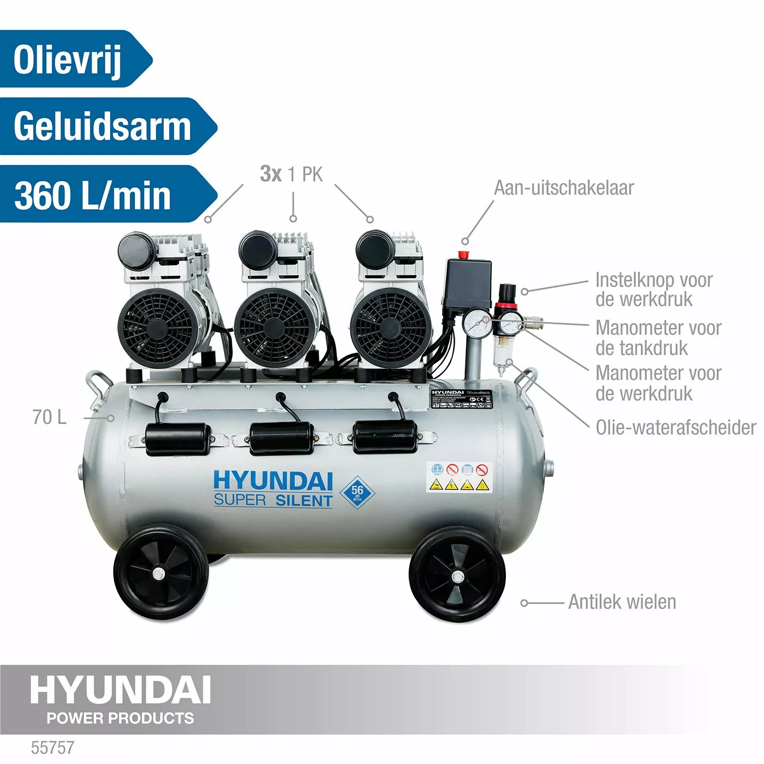 Hyundai stille 59dB compressor 70 liter - 8 BAR olievrij Low Noise - 'Super Silent'
