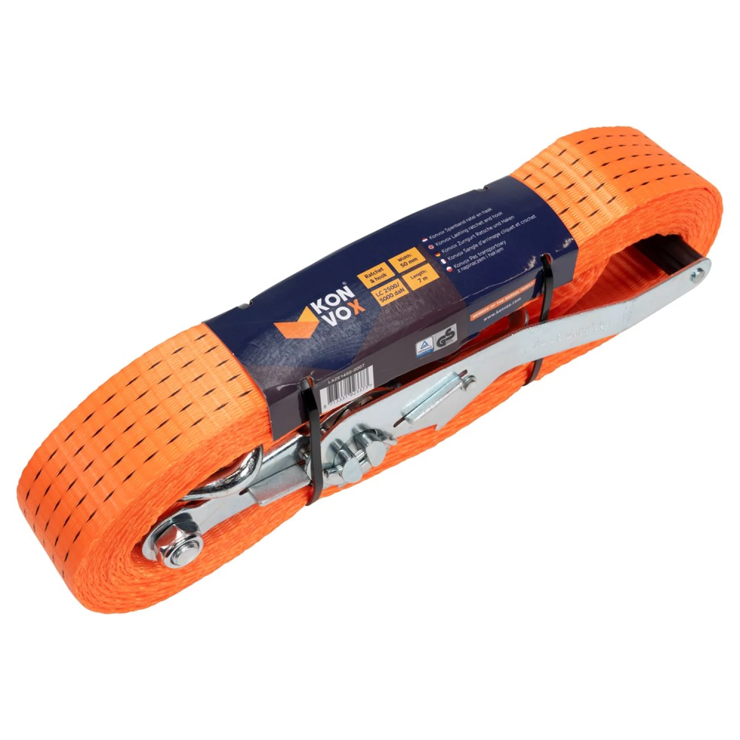 Konvox LAZE1450-0007 Spanband Met Ratelgesp En J-haak HD - 7m X 50mm - 5000 DaN - Oranje thumbnail 2