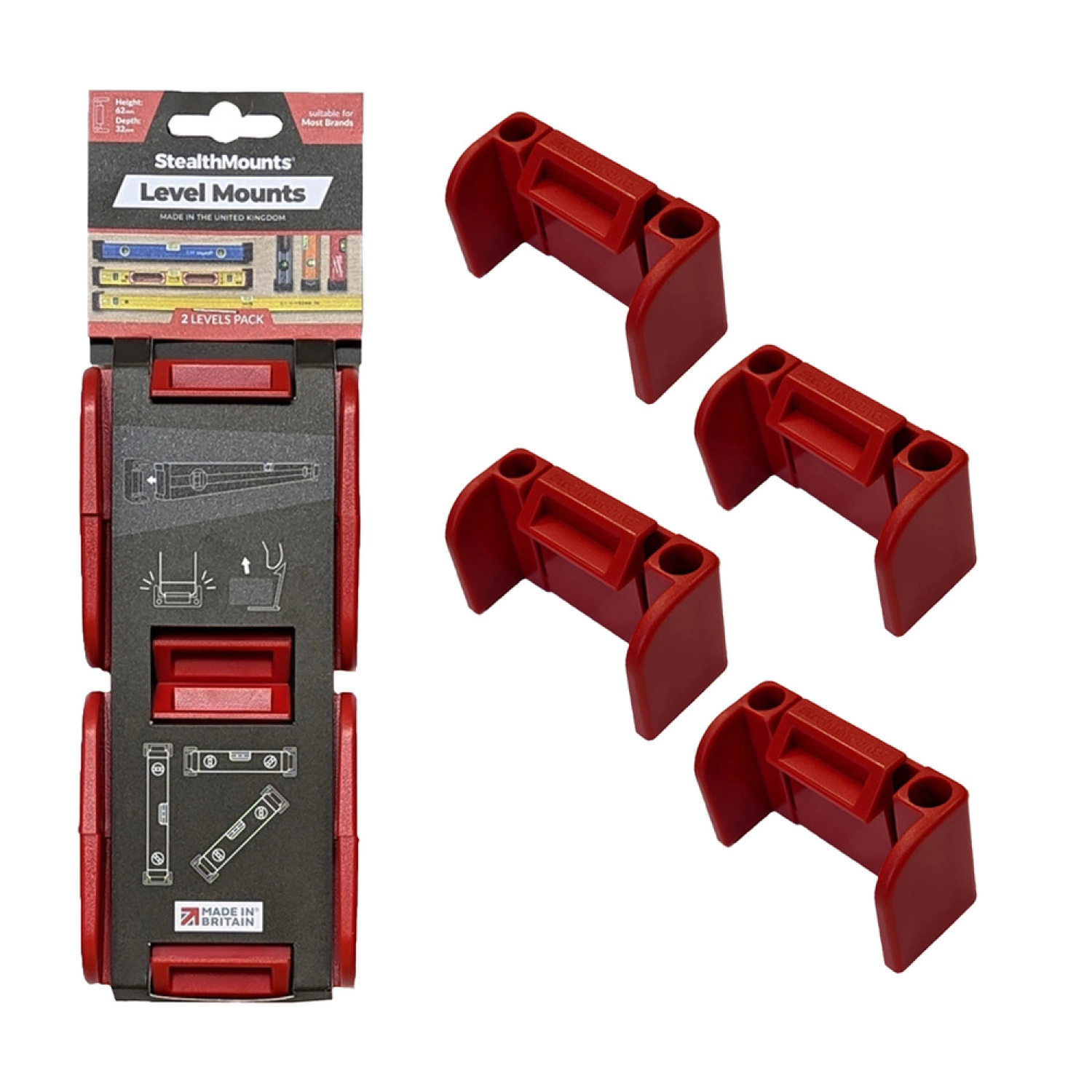 StealthMounts OM-LM-RED-2 Niveaubevestigingen - Rood - 2 Stuks