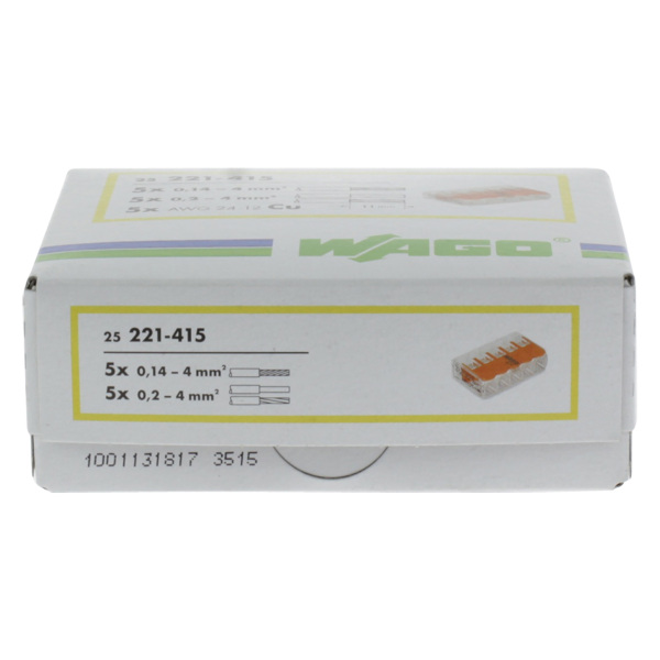 Wago 221-415 Lasklem 5-polig - 4mm - Hersluitbaar - Transparant-oranje (25 st) - Detailed view of the product