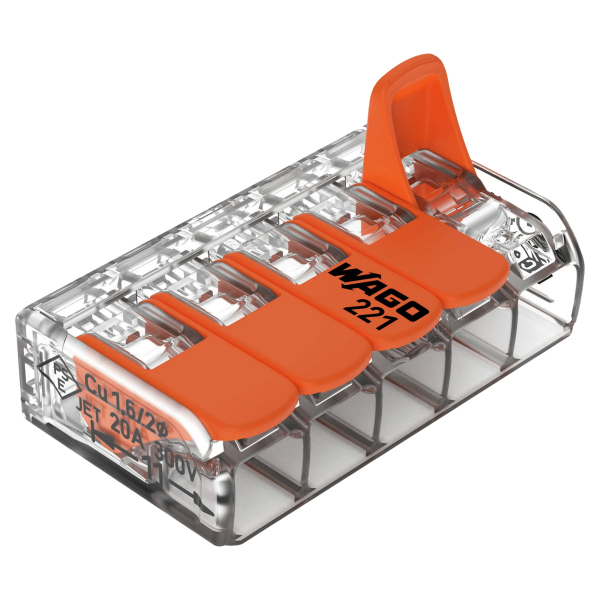 Wago 221-415 Lasklem 5-polig - 4mm - Hersluitbaar - Transparant-oranje (25 st) - Detailed view of the product