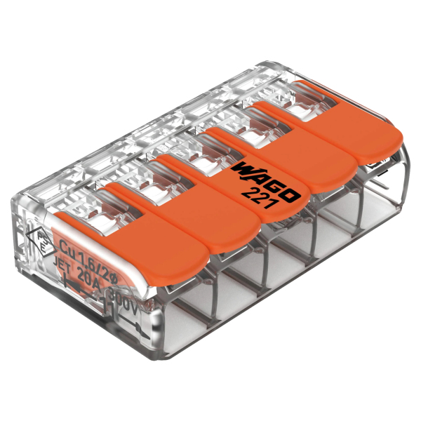 Wago 221-415 Lasklem 5-polig - 4 Mm - Hersluitbaar - Transparant-oranje (25 st)