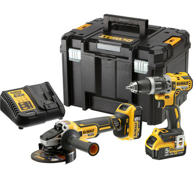 DeWALT DCK2080P2T 18V Li-Ion Accu Klopboor-/schroefmachine (DCD796)&Haakse Slijper (DCG405) Combiset (2x 5.0Ah Accu) In TSTAK - Koolborstelloos