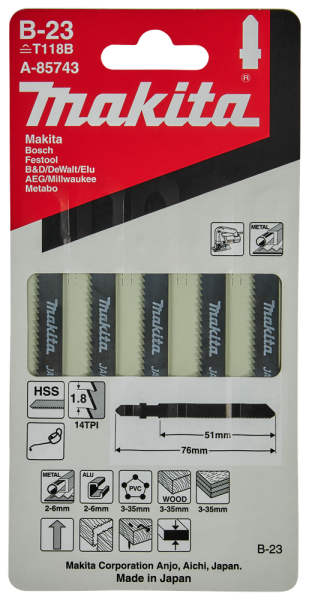 Makita A-85743 HSS Decoupeerzaagblad B23 - Metaal / Aluminium (5st) - Detailed view of the product