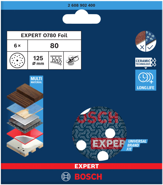 Bosch 2608902400 EXPERT Schuurschijf O780 Met Film Onderlaag - 125mm - K80 (6 Stuks) - Detailed view of the product