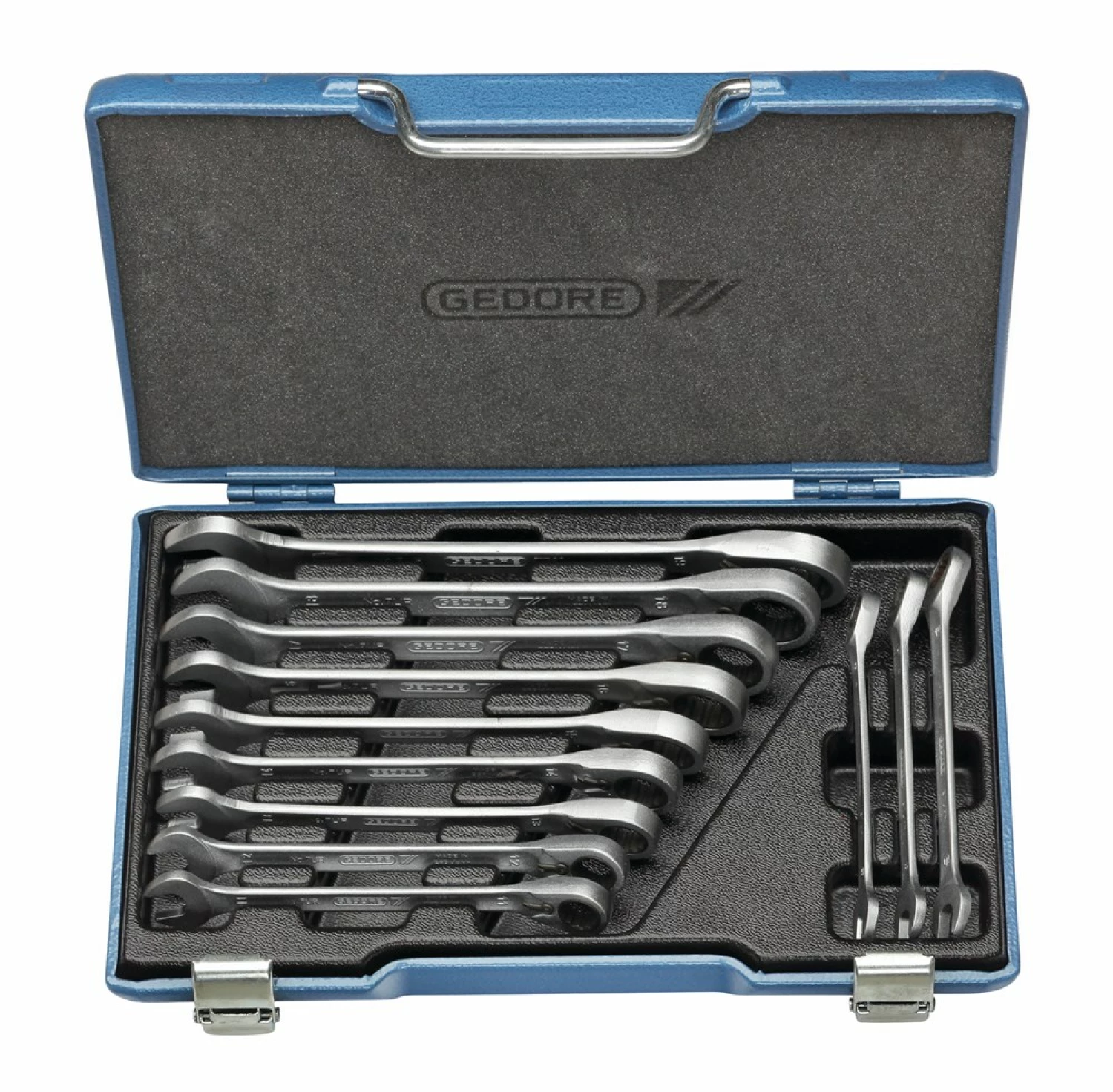 Gedore 7 UR-012 12-delige Ringratel-/steeksleutelset In Koffer - 8-19mm - Omschakelbaar