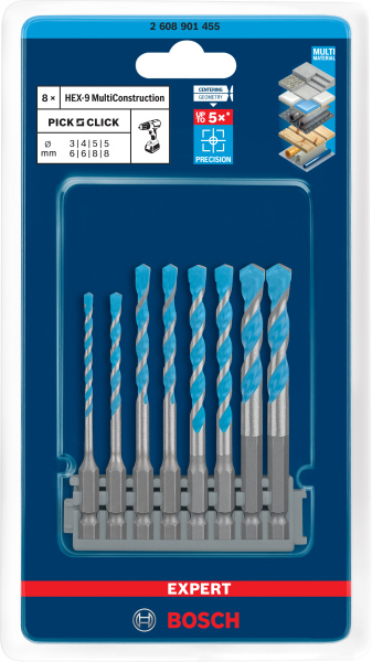 Bosch 2608901455 EXPERT 8-delige Gatzaagset - HEX-9 Multi Construction Pick&Click - 3 - 8mm - Detailed view of the product
