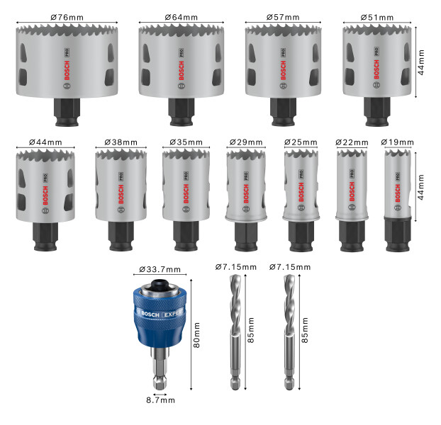 Bosch 2608594434 PRO 14-delige Multi Material PC Plus Gatzagenset - 19,22,25,29,35,38,44,51,57,64,76mm - Detailed view of the product