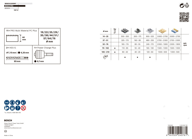 Bosch 2608594434 PRO 14-delige Multi Material PC Plus Gatzagenset - 19,22,25,29,35,38,44,51,57,64,76mm - Detailed view of the product