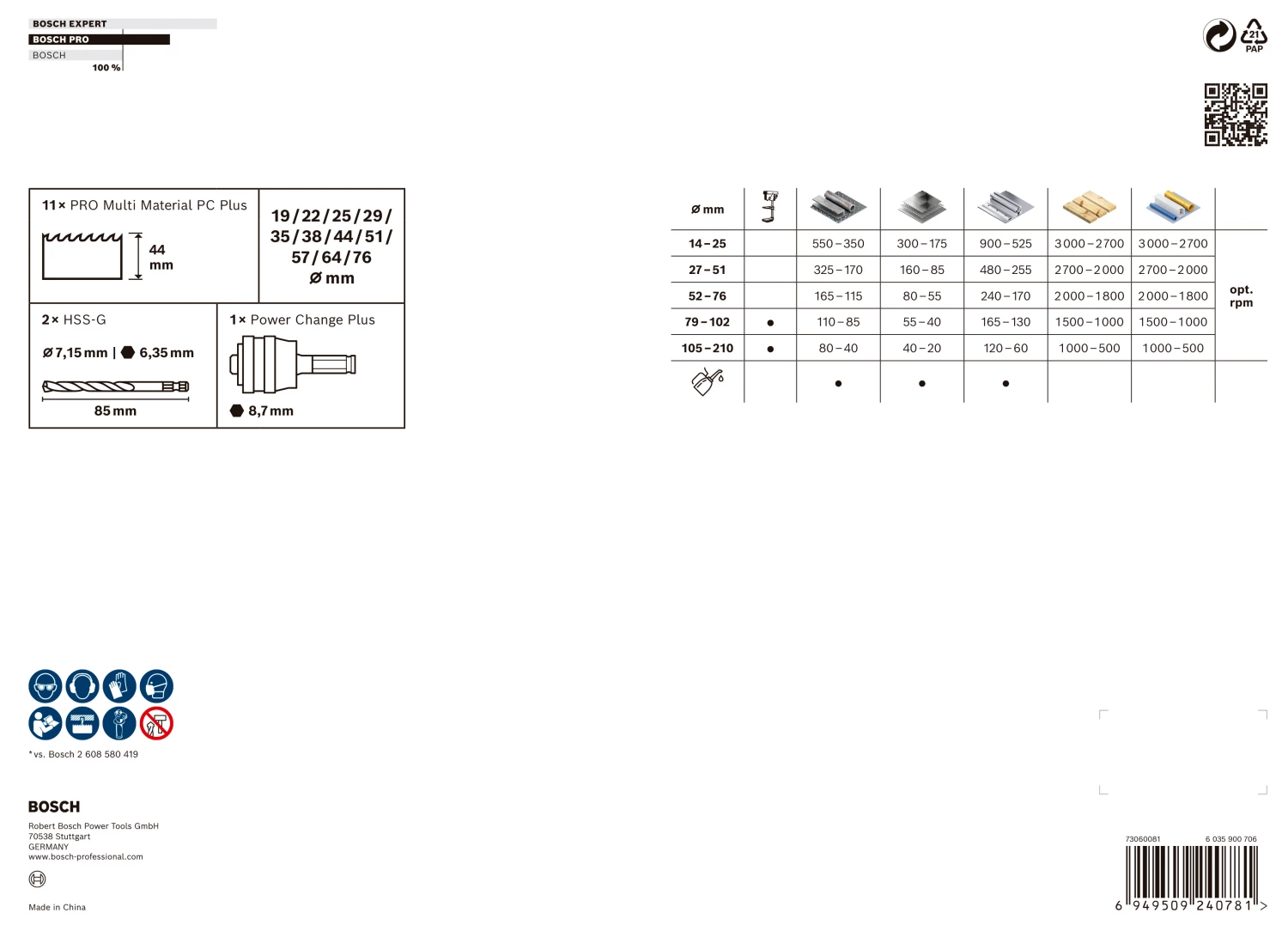 Bosch 2608594434 PRO 14-delige Multi Material PC Plus Gatzagenset - 19,22,25,29,35,38,44,51,57,64,76mm thumbnail 3