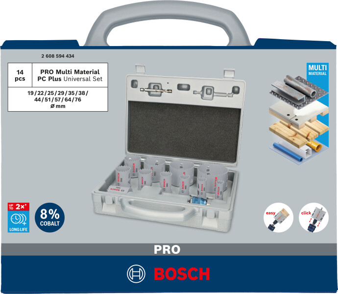 Bosch 2608594434 PRO 14-delige Multi Material PC Plus Gatzagenset - 19,22,25,29,35,38,44,51,57,64,76mm - Detailed view of the product