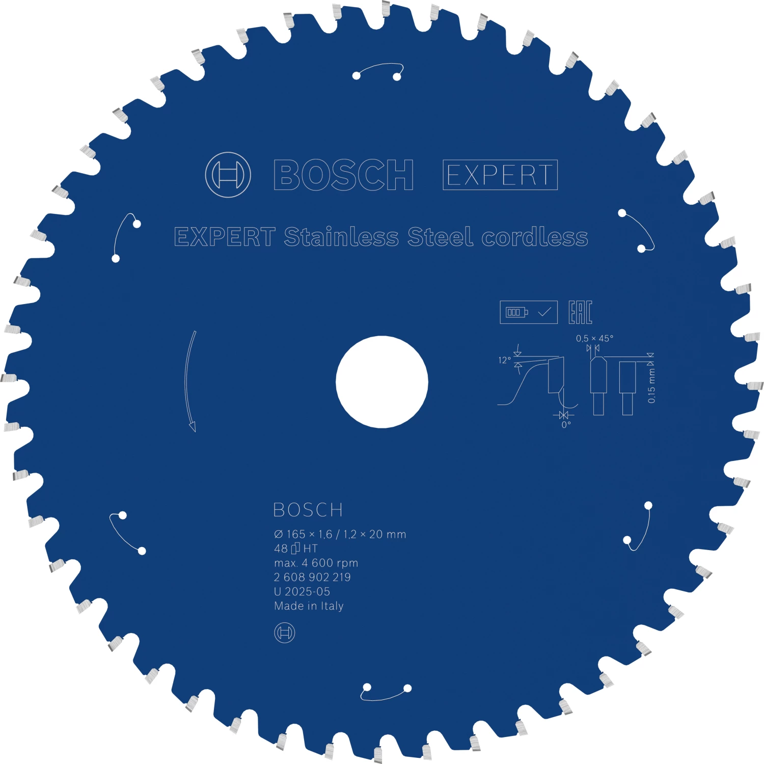 Bosch 2608902219 EXPERT Cirkelzaagblad - 165 X 20 X 48T - RVS - Cordless