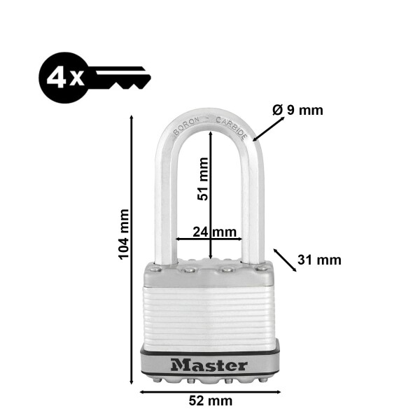 Master Lock M5EURDLH Hangslot Excell® - Gelamineerd Staal - 52 Mm Breed - Beugel 51 Mm Lang