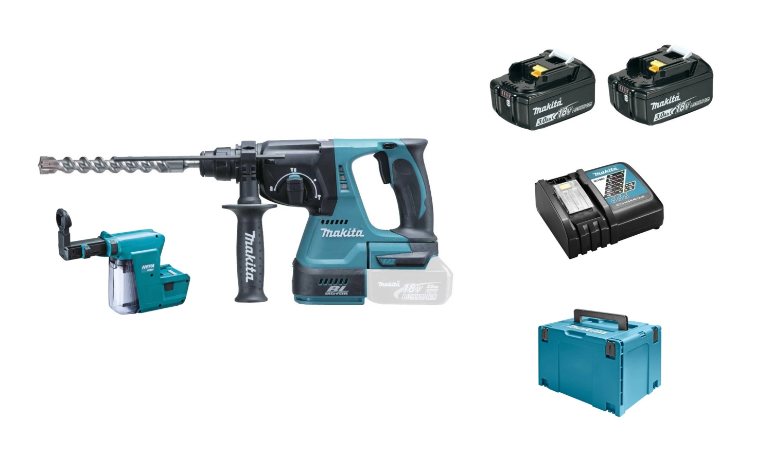 Makita DHR243RFJV 18V Li-Ion Accu SDS-plus Combihamer Incl. Snelspanboorkop En Stofafzuiging Set (2x 3.0Ah Accu) In Mbox - 2J - Koolborstelloos