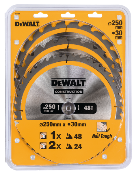 DeWALT DT1963 3 Delige Cirkelzaagbladen - 250 X 30 X 24T-24T-48T - Hout - Detailed view of the product
