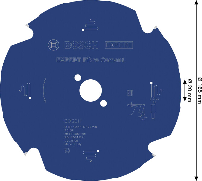 Bosch 2608644122 Expert Cirkelzaagblad - 165 X 20 X 4T - Vezelcement - Carbide - Detailed view of the product