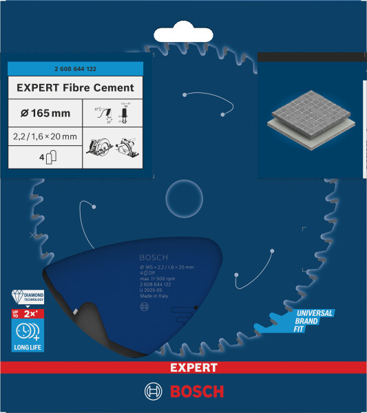 Bosch 2608644122 Expert Cirkelzaagblad - 165 X 20 X 4T - Vezelcement - Carbide - Detailed view of the product