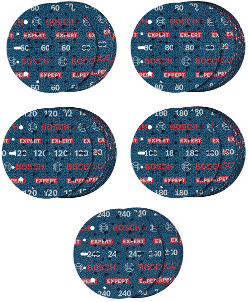 Bosch 2608902470 EXPERT 55-delige Set Schuurschijf O780 Met Film Onderlaag - 150 Mm - 5xK60/15xK80/15xK120/15xK180/5xK240