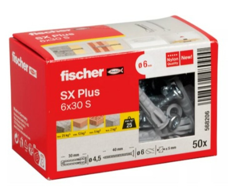 Fischer 568206 SX Plus Pluggen - 6 X 30mm - Met Schroef 4,5 X 40mm (50 St) - Detailed view of the product