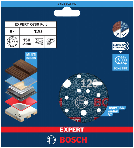 Bosch 2608902442 EXPERT Schuurschijf O780 Met Film Onderlaag - 150mm - K120 (6 Stuks) - Detailed view of the product