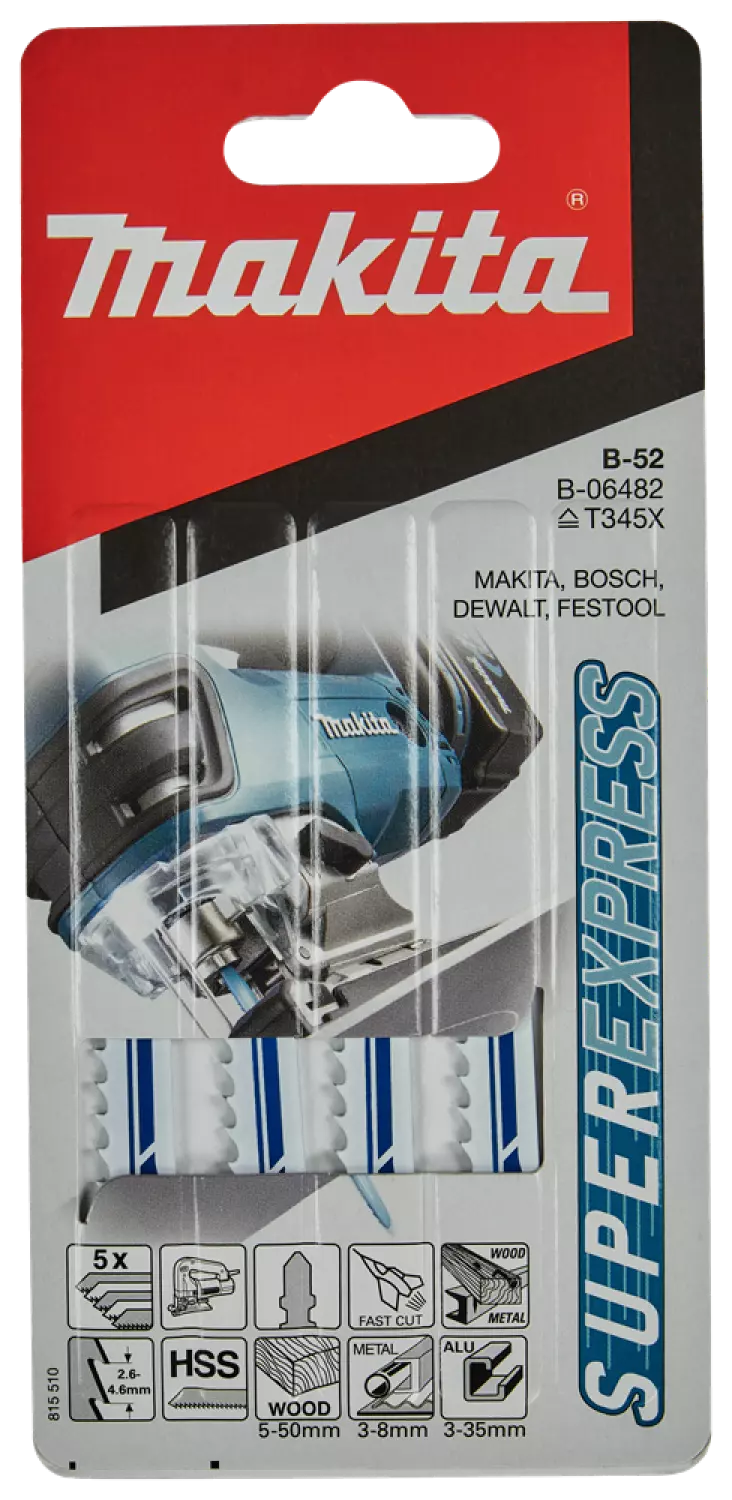 Makita B-06482 HSS Decoupeerzaagblad B52 - Hout Met Spijkers / Aluminium / Kunststof (5st)