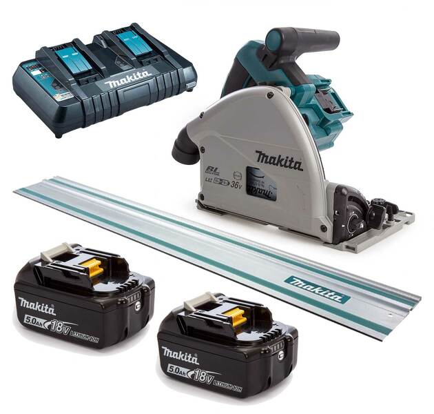 Makita DSP600PT2J1 36V (2x 18V) Li-Ion Accu Invalzaag Set (2x 5,0Ah Accu) In Mbox Incl. Geleiderail - 165 X 20 Mm - Koolborstelloos