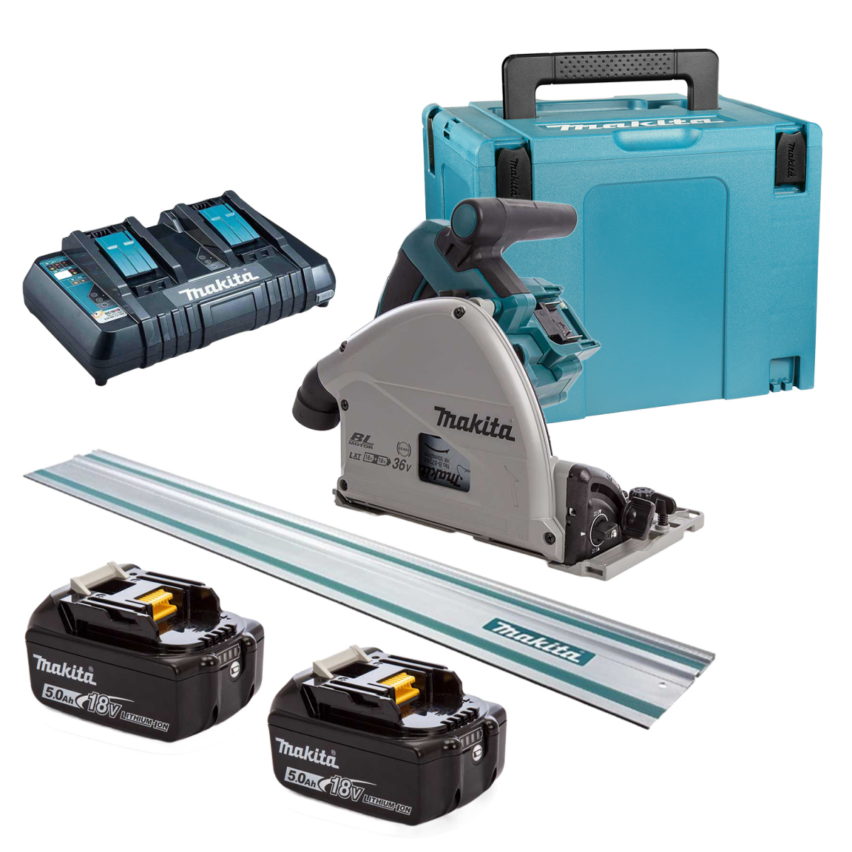 Makita DSP600PT2J1 36V (2x 18V) Li-Ion accu Invalzaag set (2x 5,0Ah accu) in Mbox incl. geleiderail - 165 x 20mm - koolborstelloos