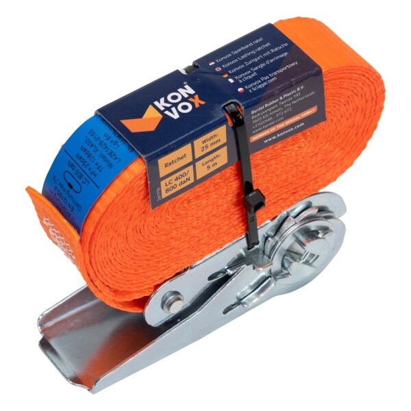 Konvox LAZE1425-0153 Spanband Eindloos Met Ratelgesp CD - 3m X 25mm - 800 DaN - Oranje - Detailed view of the product