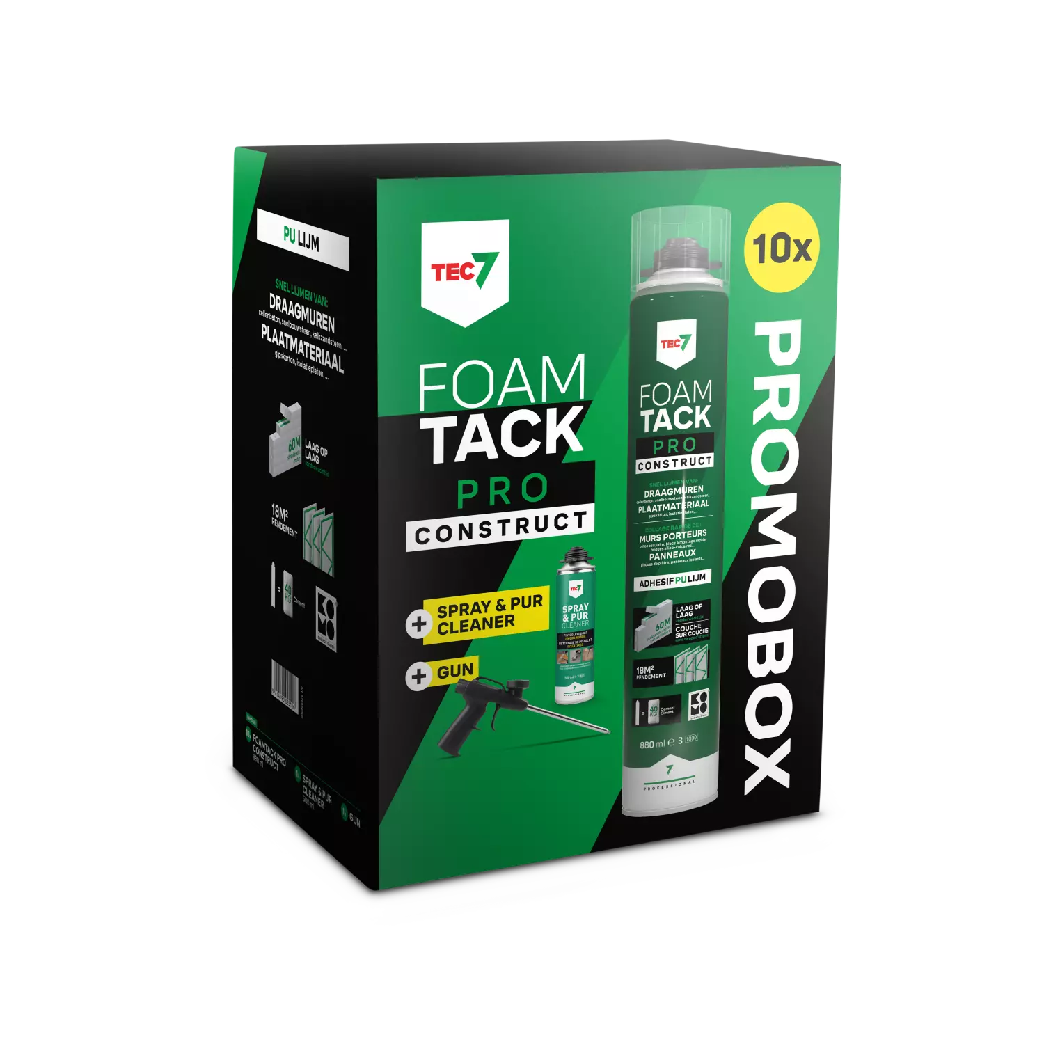 TEC7 FoamTack Pro Construct Combipack (10x 880ml, Reiniger En Gun)