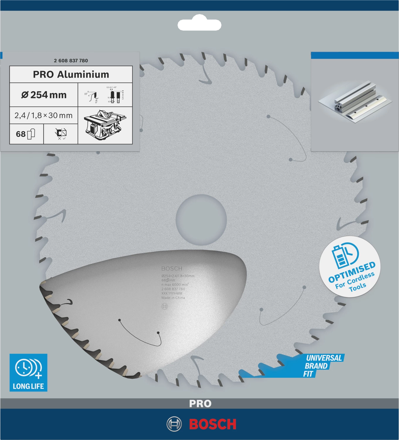 Bosch 2608837780 PRO Cirkelzaagblad - 254 X 30 X 68T - Aluminium - Cordless thumbnail 2