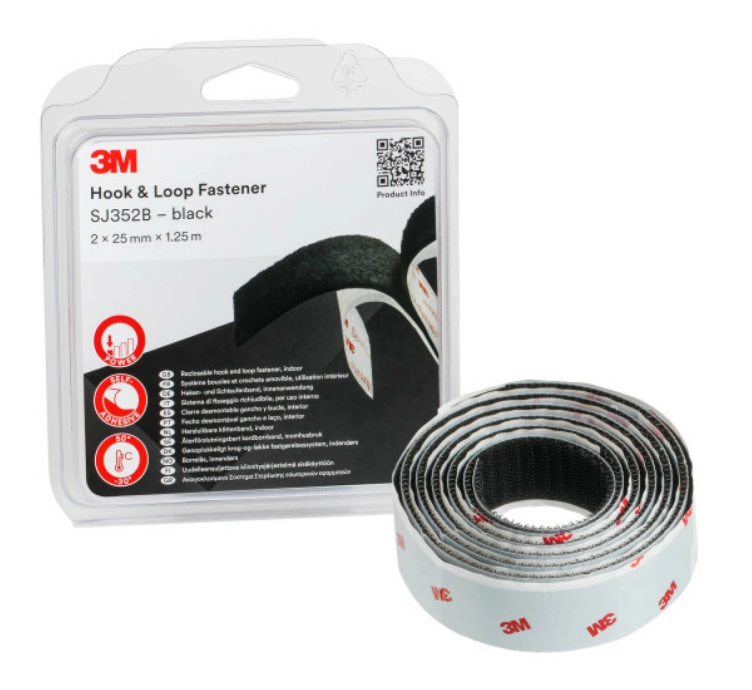 3M SJ352B Hersluitbare Lus En Haak Klittenband Zwart - 25mm X 1.25 M X 4.4mm